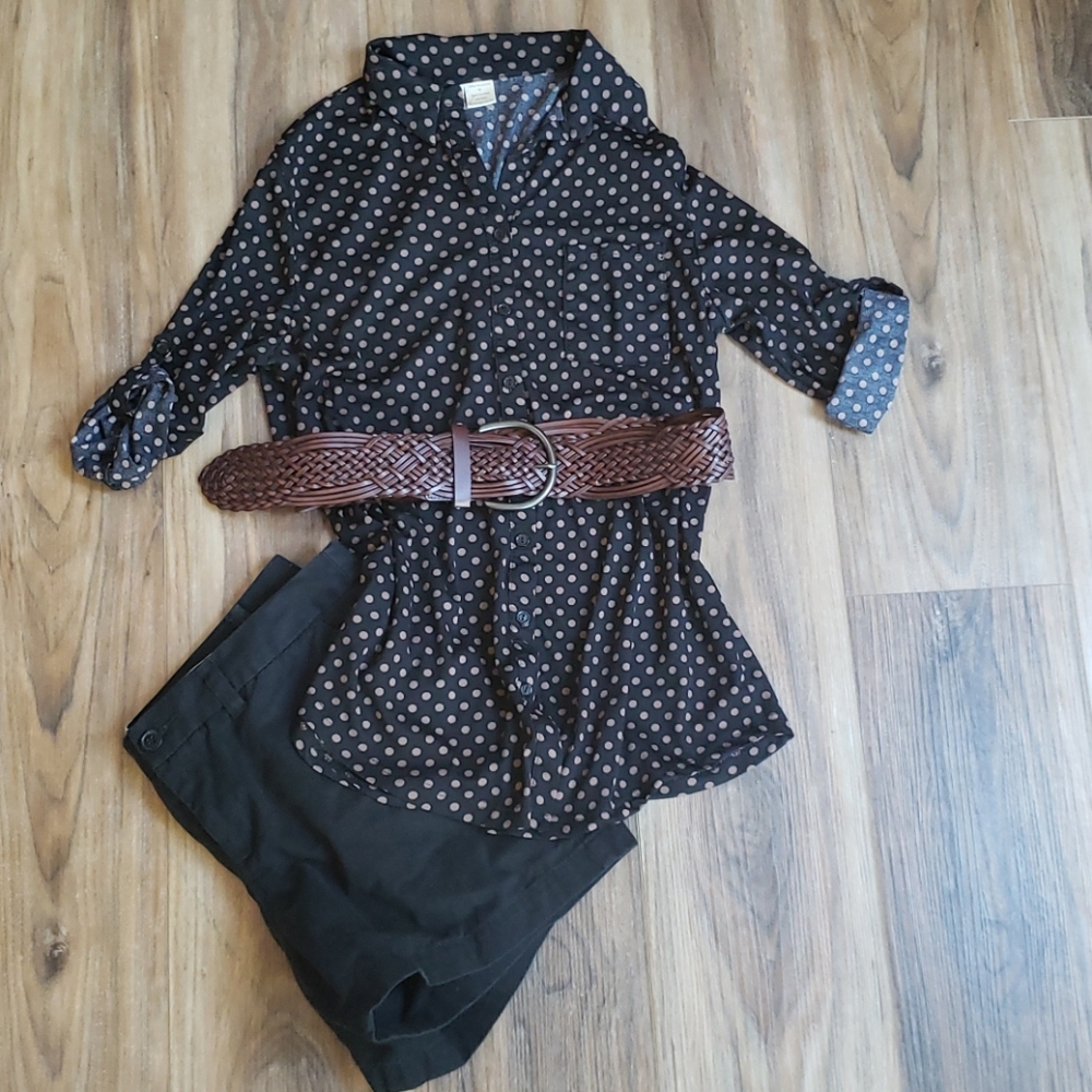Black button up shirt with brown polka dots